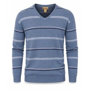 Bobby Chan Mens Blue Striped Silk Cotton Blend V-Neck Sweater XL